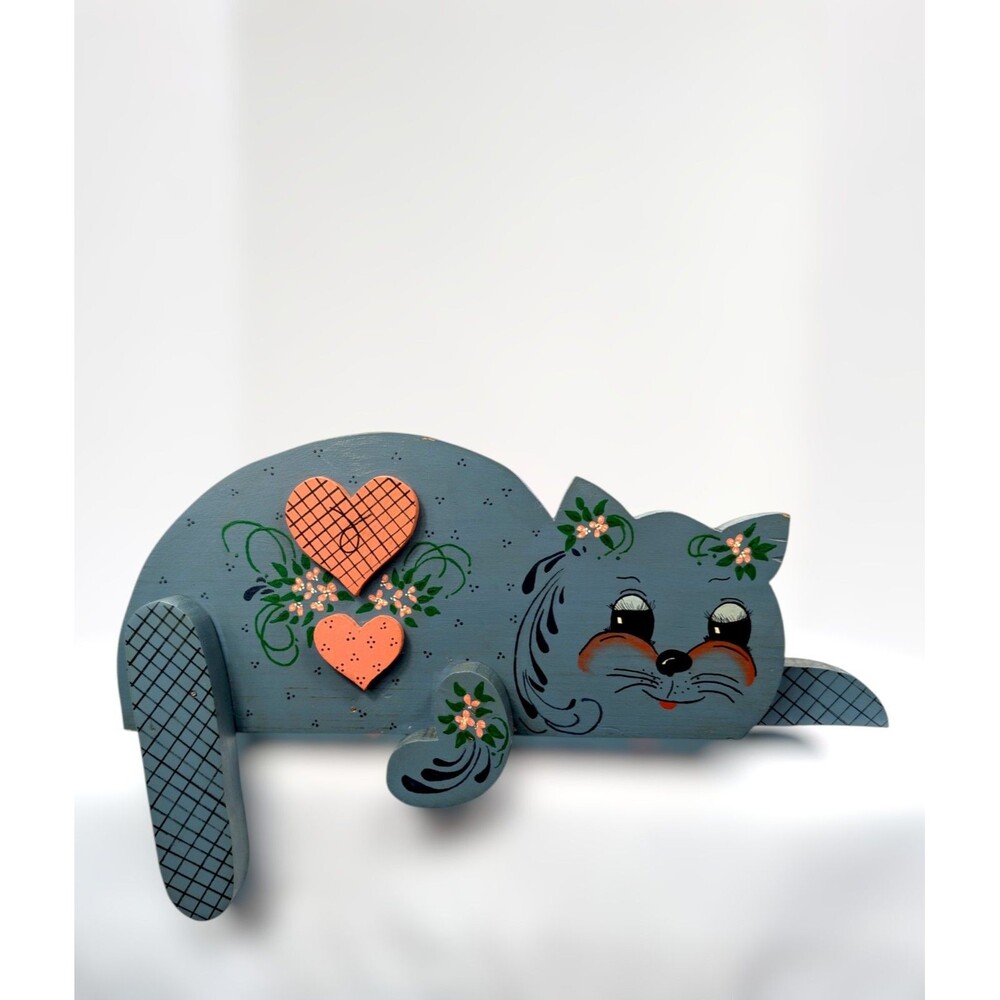 Vintage Folk Art Farmhouse Wood Cat Shelf Sitter Hand Painted cottagecore Hearts